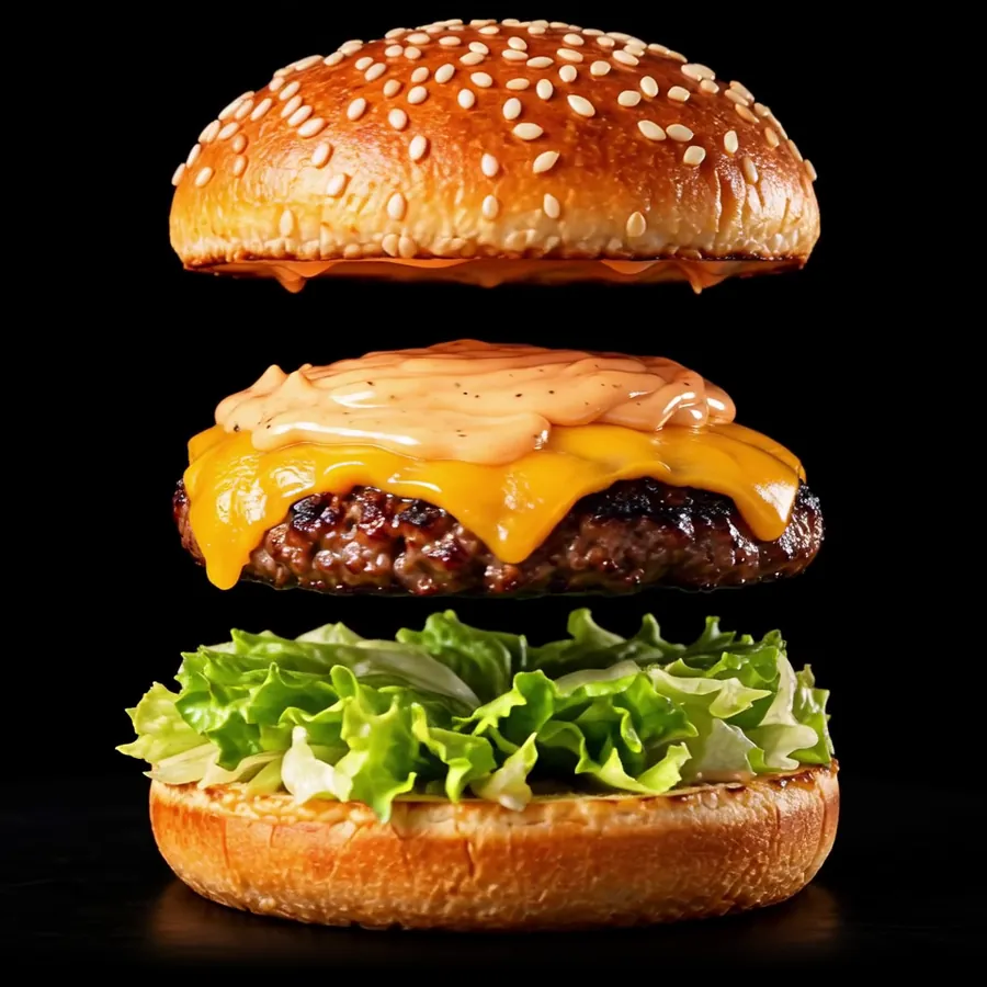 Der Neue Burger, aufgeklappt: Sesambrötchen, darunter Sauce und Cheddar auf dem Patty, darunter Salat auf dem unteren Brötchen